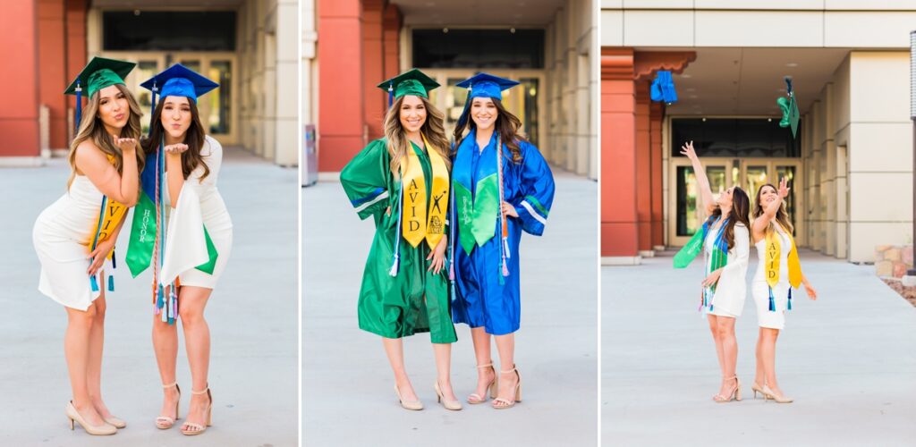 3 image collage of twin graduates