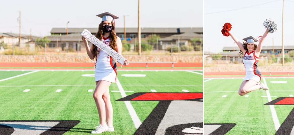 2 image collage of senior girl on field with graduation cap and cheerleading uniform