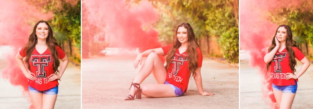 3 image collage of senior girl with college tshirt and red smoke bomb