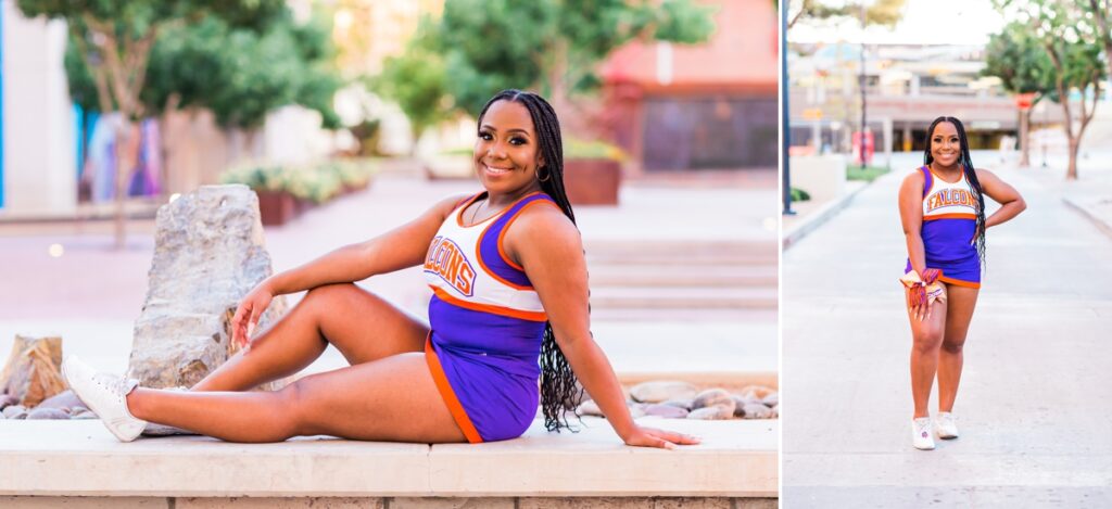 2 image collage of senior girl in cheer uniform