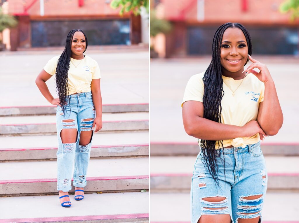 2 image collage of senior girl in yellow shirt