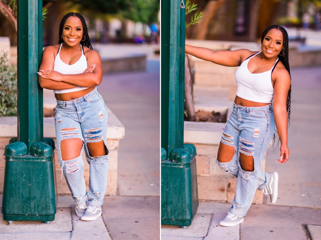 2 image collage of senior girl posing with pole