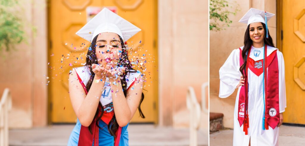 2 image collage of senior girl in cap and gown