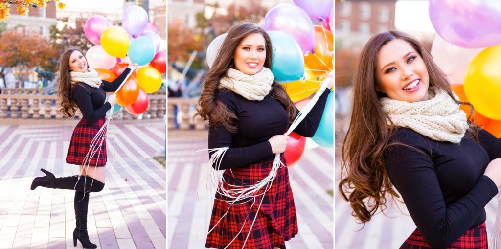 3 image collage of senior girl with balloons