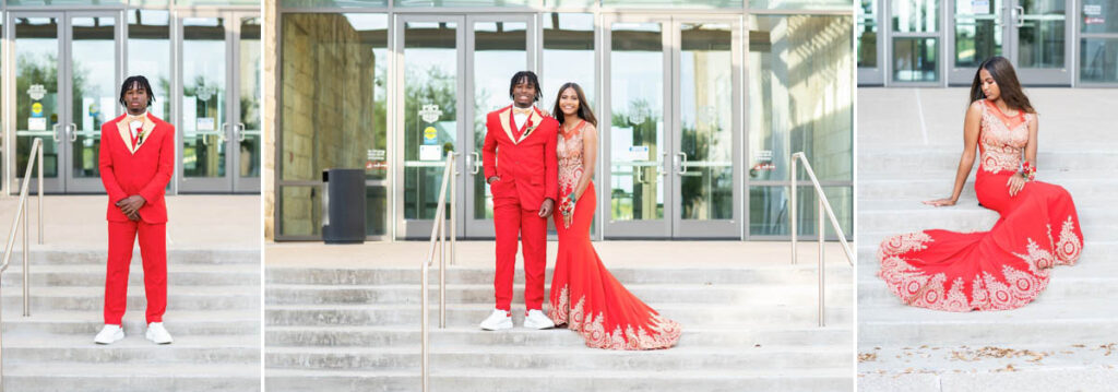 black boy and black girl in red suit and red dress for prom