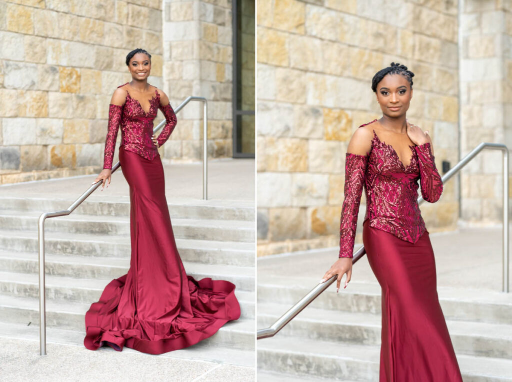 2 images of a black girl in a burgundy dress for prom