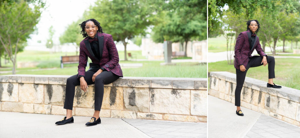 2 images of a black girl in a burgundy and black suit for prom