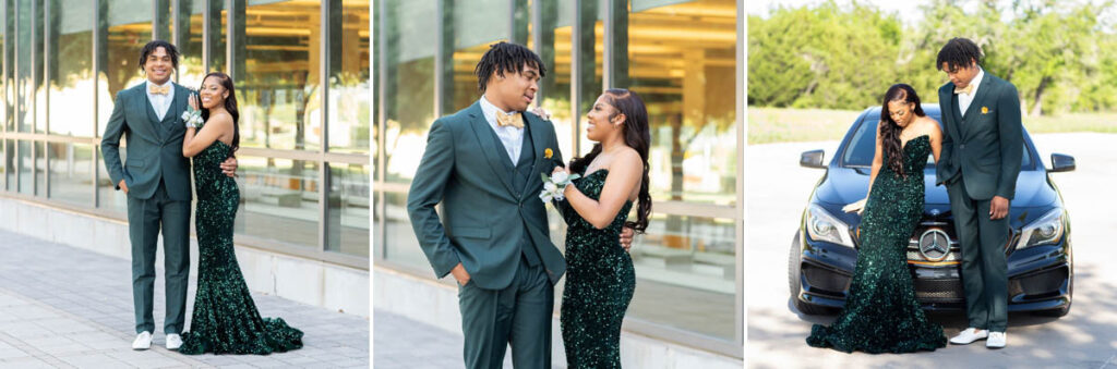 black boy and black girl in green suit and green dress for prom