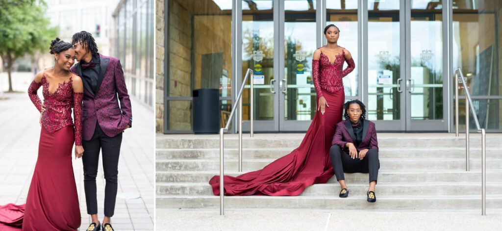 2 images of a black couple in burgundy for prom